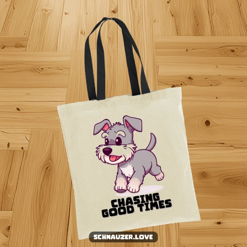 Funny Schnauzer Tote Bag of a happy dog with a wagging tail, running full speed ahead, full of excitement.