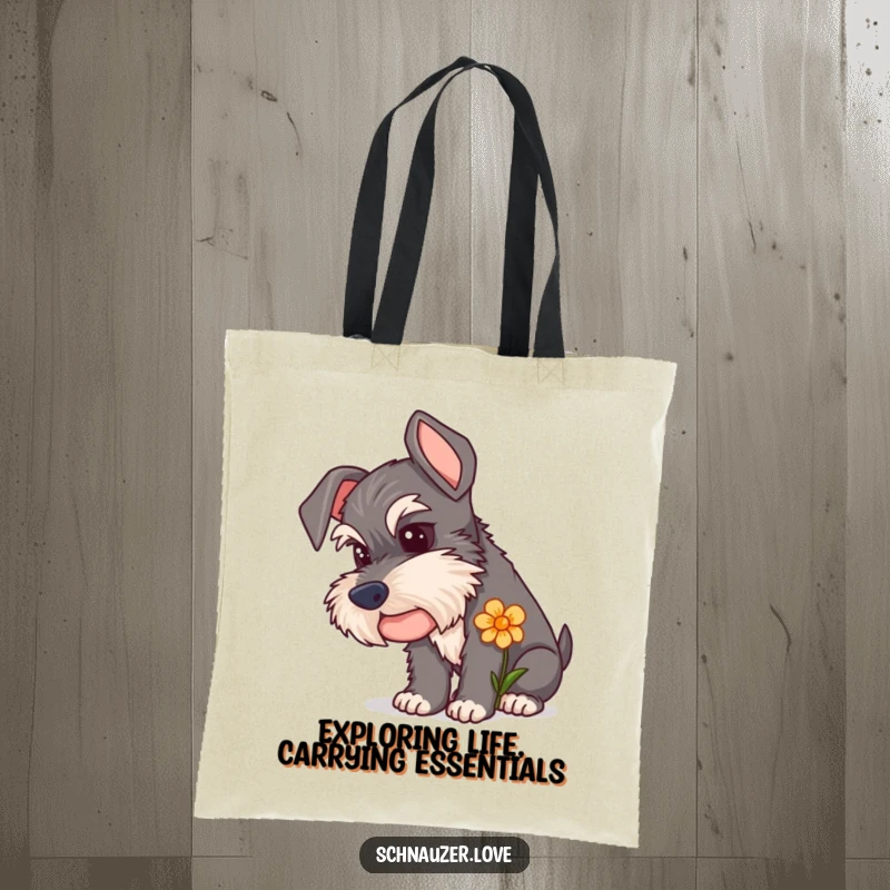 Funny Schnauzer Tote Bag showcasing a curious dog sniffing a flower, ideal for carrying items with a touch of natural curiosity.