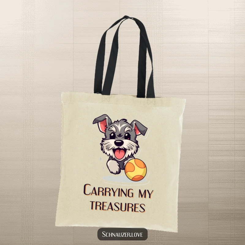 Funny schnauzer tote bag, a happy dog with its tongue out, chasing a bouncy ball, ready for park adventures.