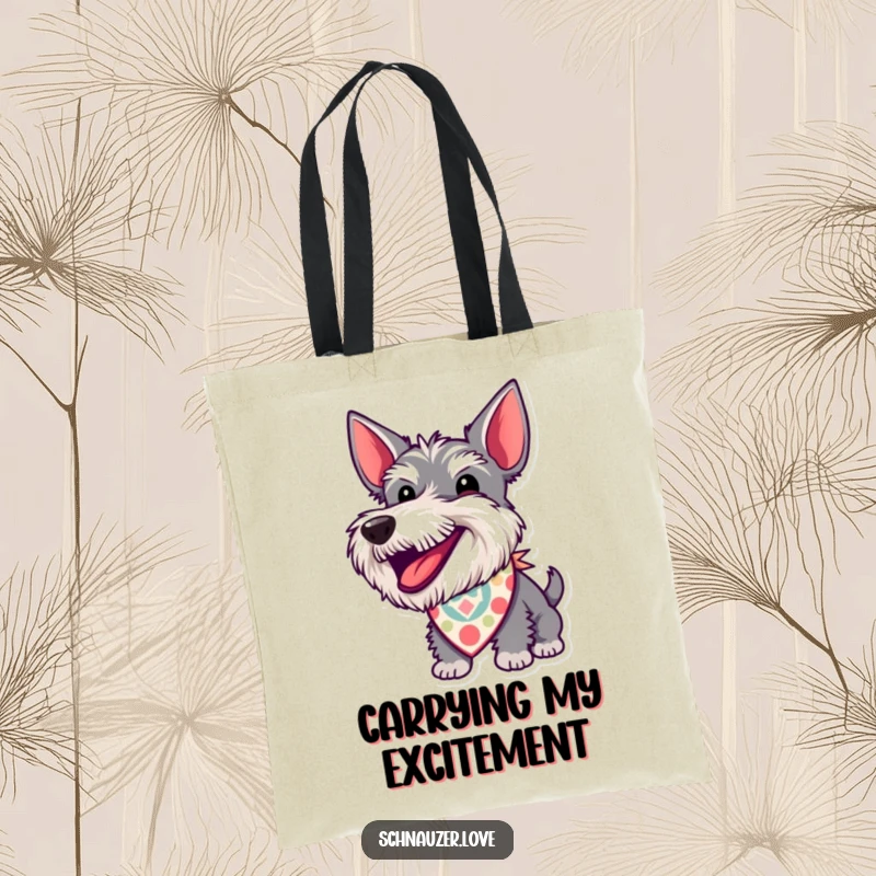 Funny Tote Bag: A schnauzer in a patterned bandana barks with excitement, offering a humorous and practical accessory for dog lovers.