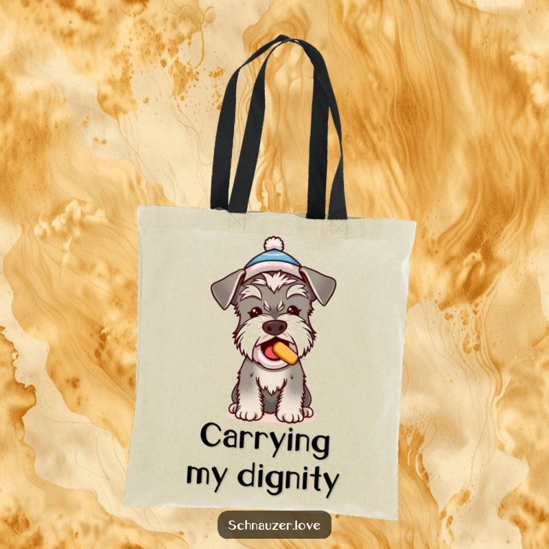 Funny Schnauzer tote bag, a cute dog in a tiny hat begging for a treat, humorous and practical accessory.