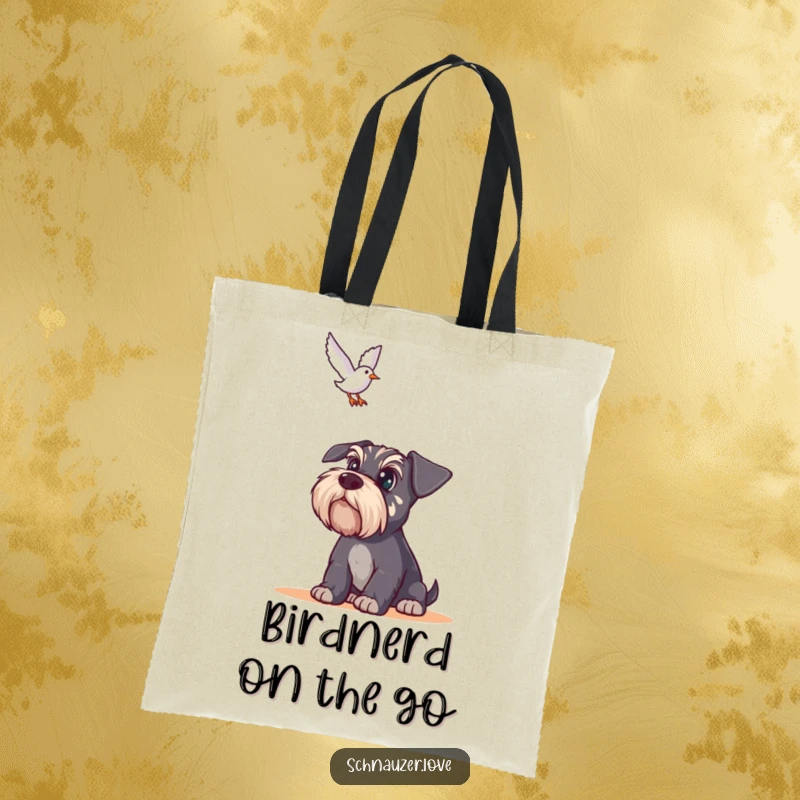 Funny Schnauzer Tote Bag: Wide-eyed schnauzer gazing upwards at a bird, a humorous and practical bag for observers.