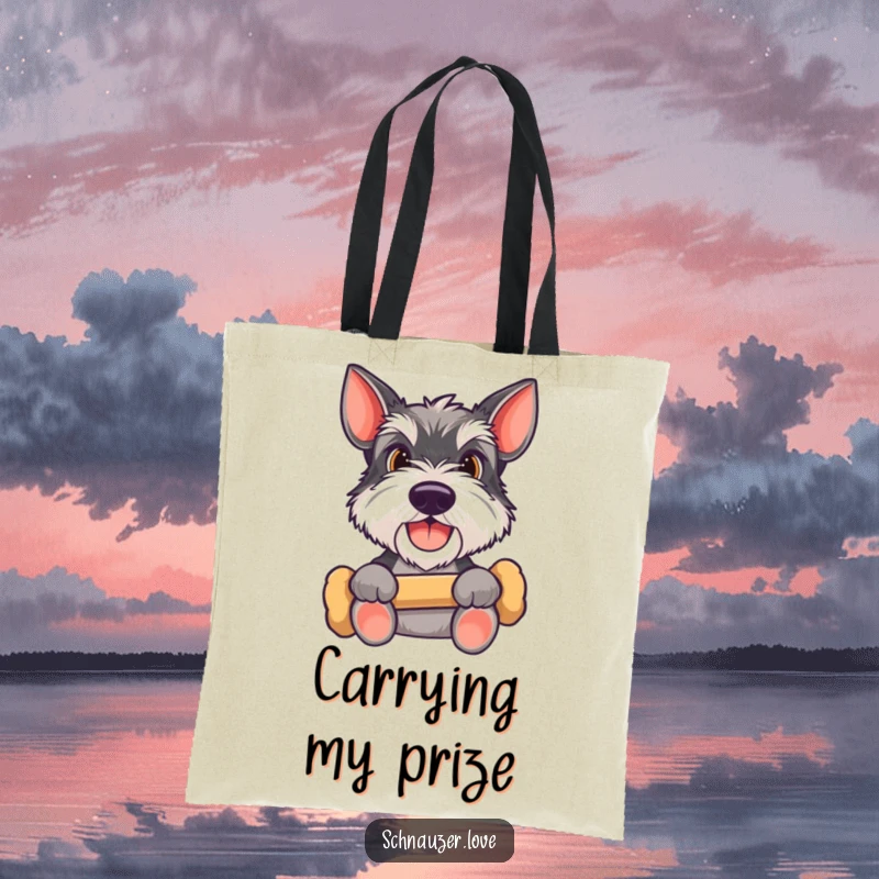 Funny Schnauzer tote bag featuring a happy dog holding a bone, looking up expectantly, perfect for carrying essentials with charming canine hope.