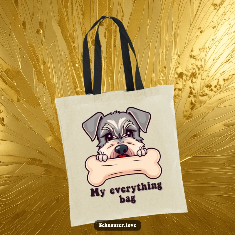 Funny Schnauzer tote bag with a schnauzer peeking over a large bone, symbolizing a dog's greatest treasure.