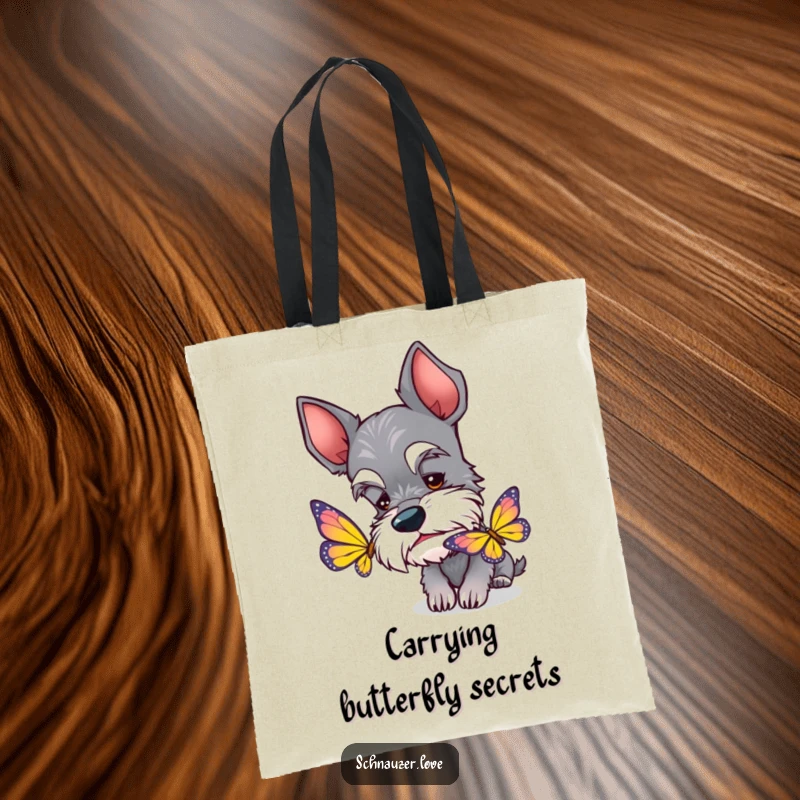 Funny Schnauzer Tote Bag: A curious schnauzer with perked ears sniffing a bright butterfly, adding charm to errands.