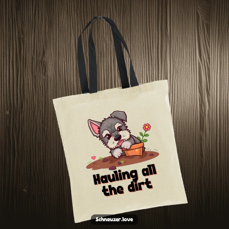 Funny schnauzer tote bag, a fluffy dog with dirt-covered paws, playfully digging in a small flower pot, ready for errands.