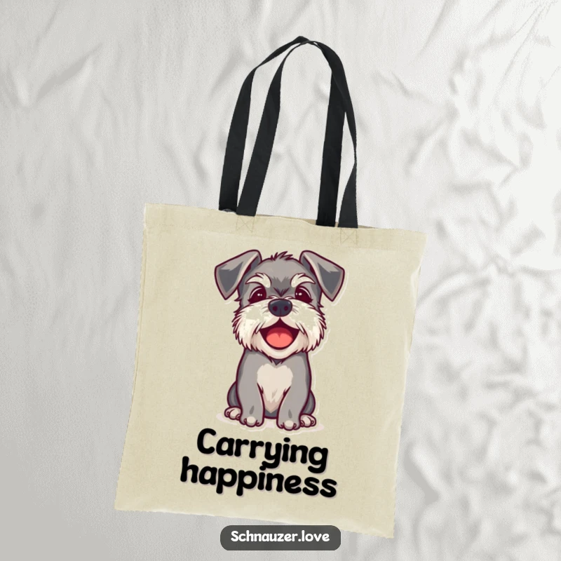 Funny tote bag showcasing a schnauzer with floppy ears barking happily, ideal for carrying daily items with a dose of canine joy.