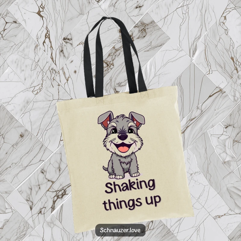 Funny Tote Bag: A schnauzer with a happy grin shakes its body, offering a humorous and practical accessory for dog lovers.