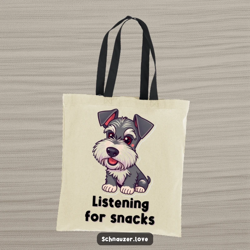 Funny Schnauzer Tote Bag: A dog with ears perked listens intently, showcasing playful curiosity and sharp focus.