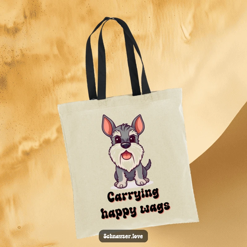 Funny Tote Bag illustrating a stylized schnauzer with a perky beard, its tail wagging to express sheer delight.