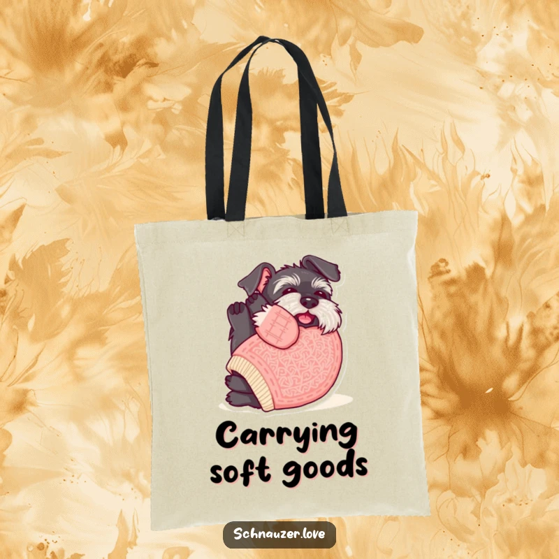 Funny Schnauzer Tote Bag: Schnauzer in a sweater rolling for belly rubs, a humorous and cute accessory.