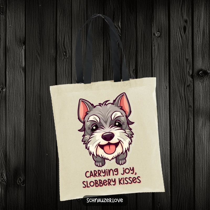 Funny Schnauzer Tote Bag showcasing a happy dog with its tongue lolling out, perfect for carrying essentials with a dose of humor.