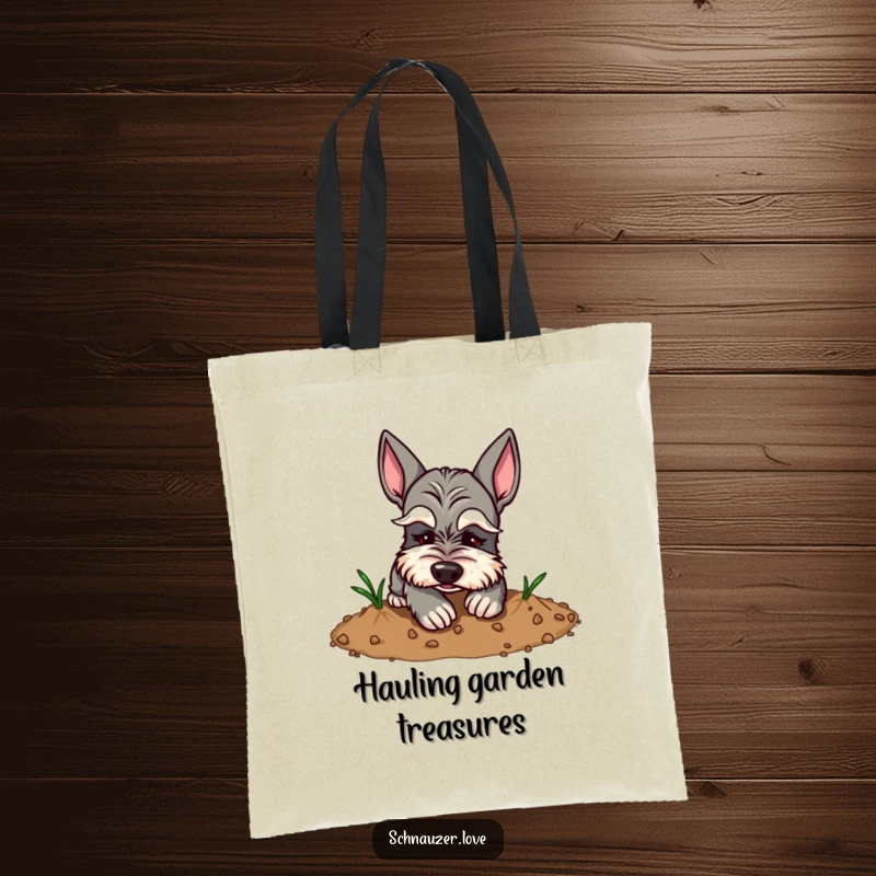 Funny Schnauzer Tote Bag: Schnauzer with prominent eyebrows digging in dirt, a humorous and practical accessory.