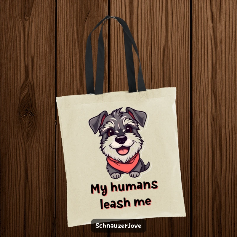 Funny Schnauzer Tote Bag: A smiling schnauzer in a bandana, looking eager, practical and humorous.
