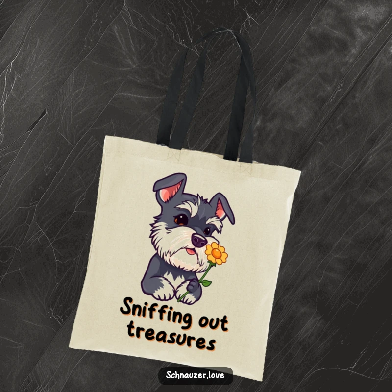 Funny schnauzer tote bag with head tilted curiously sniffing a flower icon, an adorable and inquisitive dog, perfect for errands.