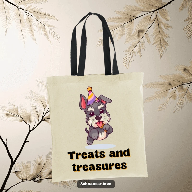 Funny Schnauzer tote bag with a dog in a party hat jumping for a treat, showcasing playful canine antics.